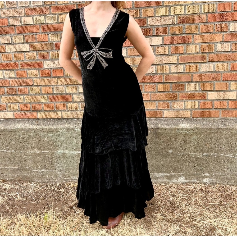 Antique 1920s Black silk Velvet tiered drop waist Maxi gown Beaded Bow Gown Noir
